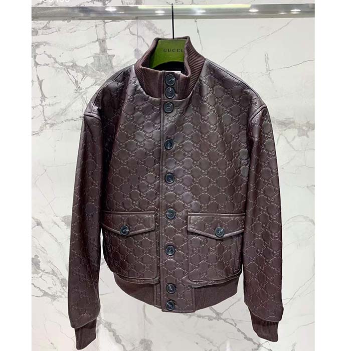 Gucci Women GG Leather Bomber Jacket Brown Lambskin Front Patch Pockets