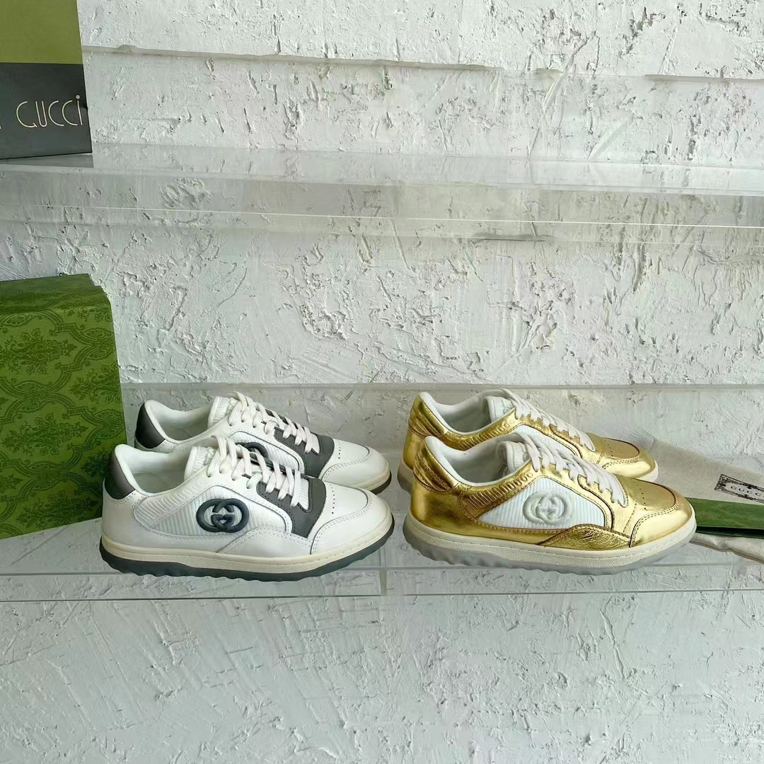 Gucci Unisex GG MAC80 Sneaker Off White Grey Leather Round Toe Rubber Flat