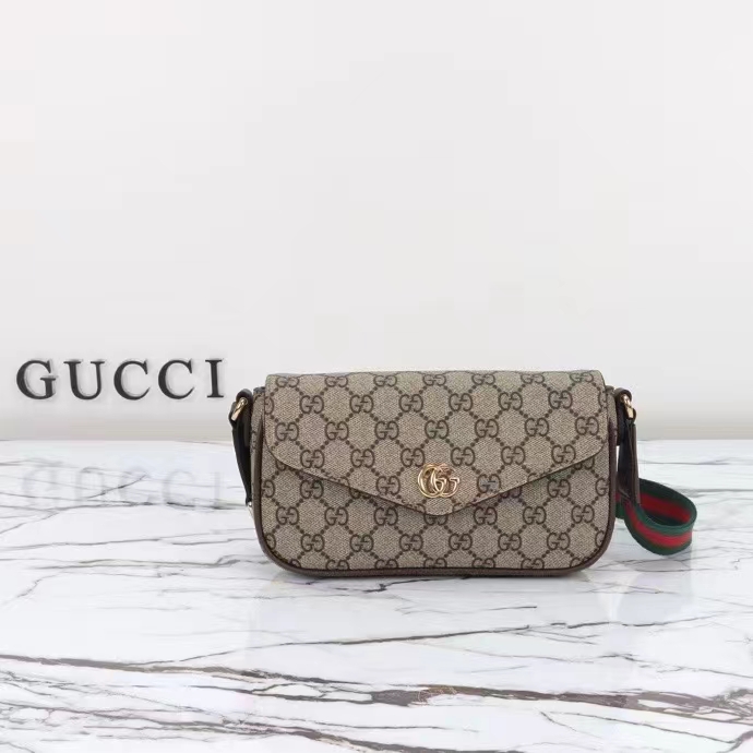 Gucci Unisex Ophidia Mini Bag Beige Ebony GG Supreme Canvas Brown Leather Double G