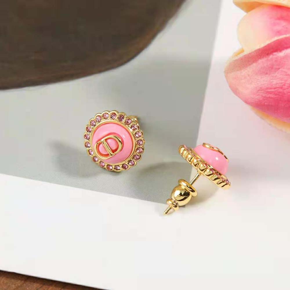 Dior Women Petit CD Stud Earrings Gold-Finish Metal Pink Crystals and Light Pink Glass