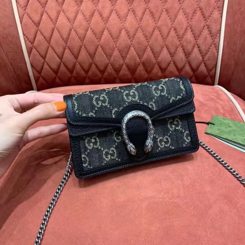 Gucci Women Dionysus Small GG Shoulder Bag Black GG Denim Jacquard Leather