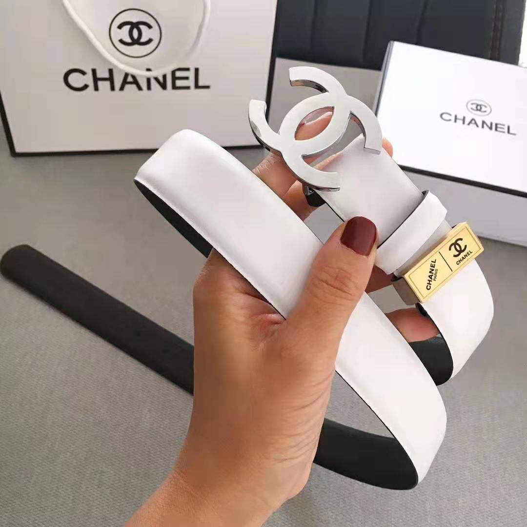 Chanel Women Lambskin & White-Tone Metal Belt-White