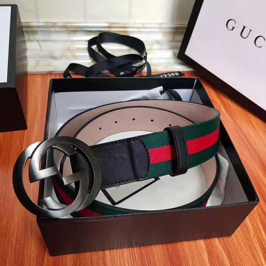 Gucci Unisex GG Web Belt with G Buckle in Green and Red Web