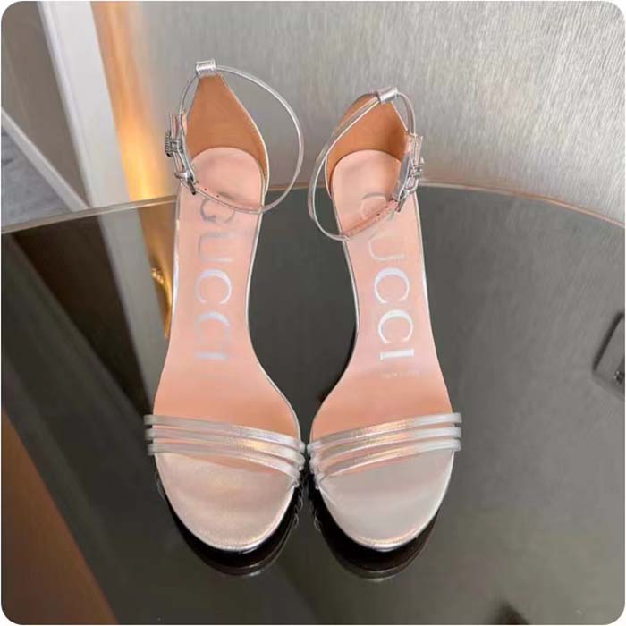 Gucci Women GG High Heeled Metallic Sandal Silver Leather Ankle Strap Metal Double G Buckle Crystals