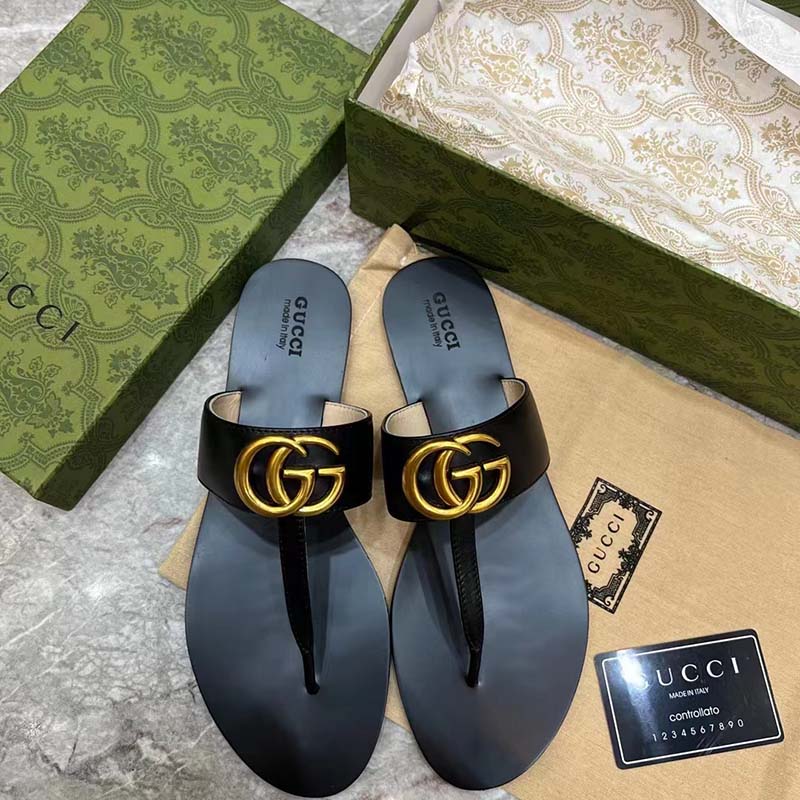 Gucci Women GG Leather Thong Sandal Double G Black Flat