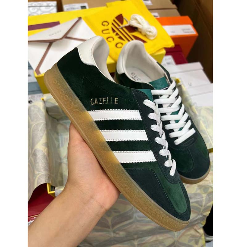 Gucci Unisex GG Adidas x Gucci Gazelle Sneaker Green Suede White Demetra Trefoil