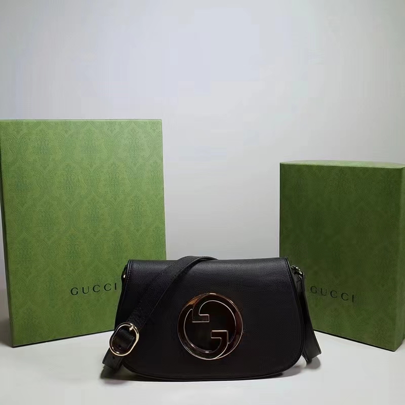 Gucci Women GG Blondie Shoulder Bag Black Leather Round Interlocking G