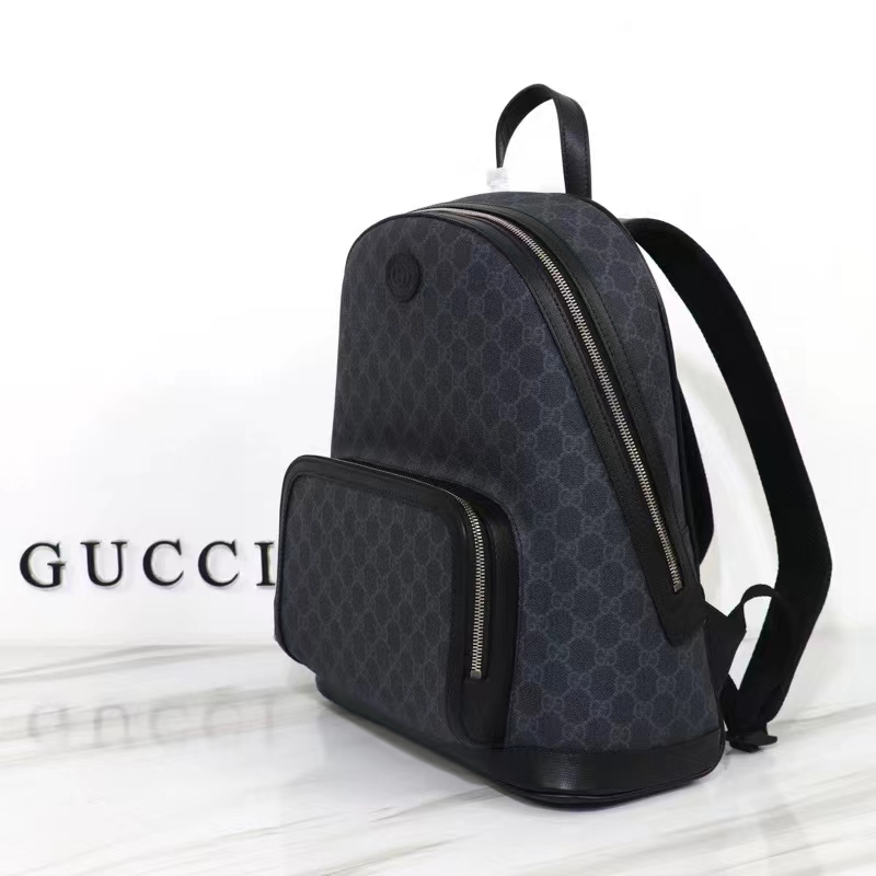 Gucci Unisex Backpack Interlocking G Black GG Supreme Canvas Leather Top Handle