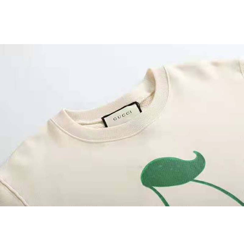 Gucci Women Beverly Hills Cherry Print Sweatshirt Cotton Jersey Crewneck Puff Sleeves-White