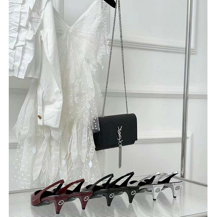 Gucci Women GG Slingback Pump Dark Red Leather Interlocking G Square Upper Mid-Heel