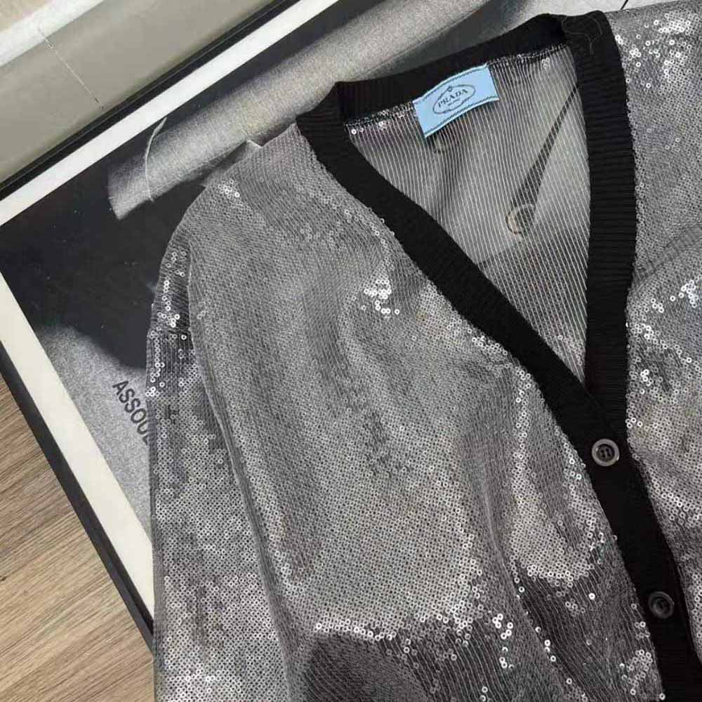 Prada Women Sequin-Embroidered Tulle Crop Top-Black