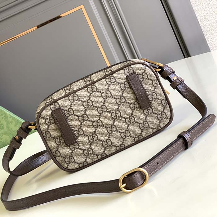 Gucci Unisex Ophidia Mini Bag Beige Ebony GG Supreme Canvas Brown Leather