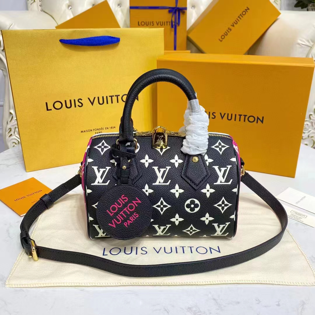 Louis Vuitton Women Speedy Bandouliere 20 Bag Black Printed Embossed Grained Cowhide