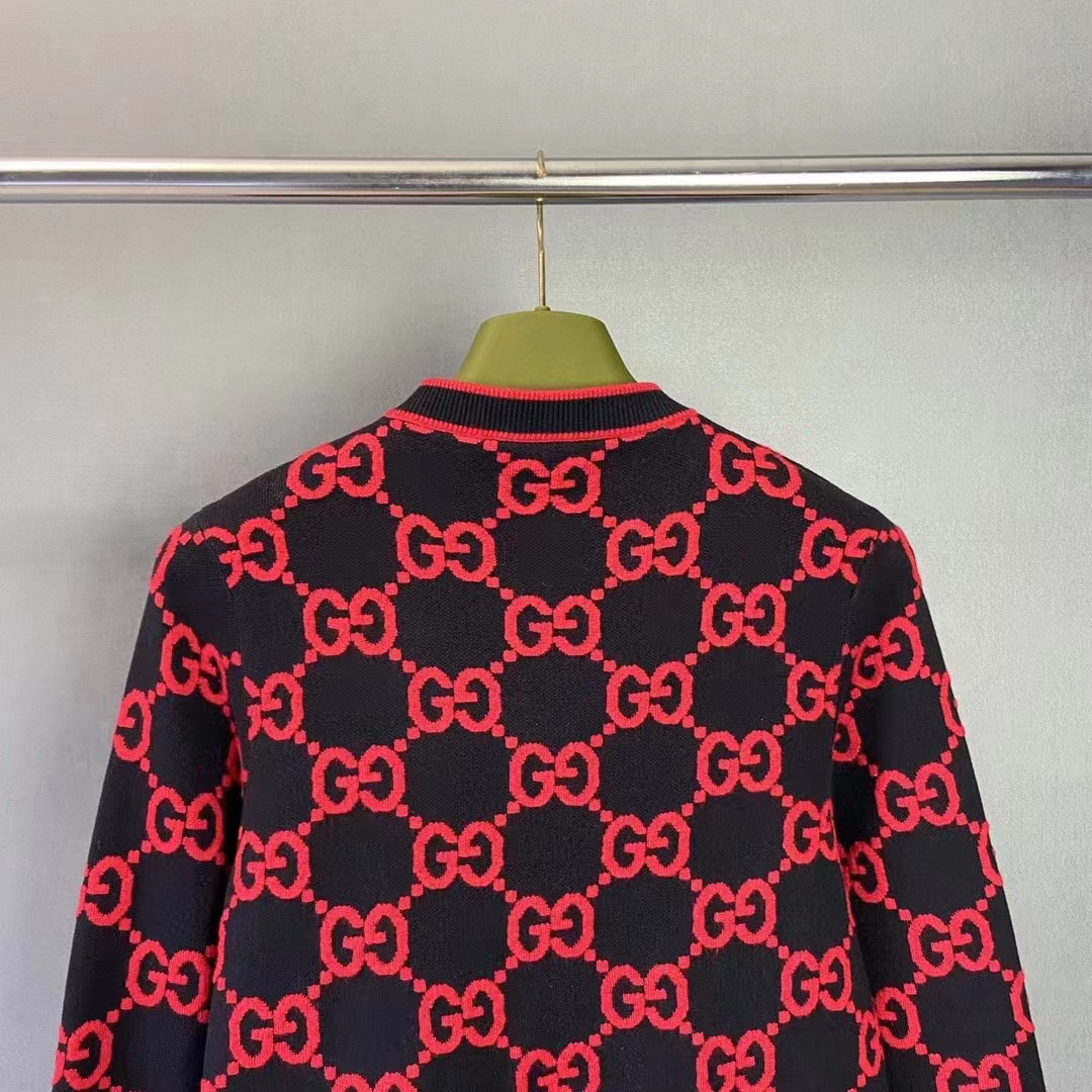 Gucci Women Wool Bouclé Jacquard Cardigan Blue Red GG Crewneck Long Sleeves