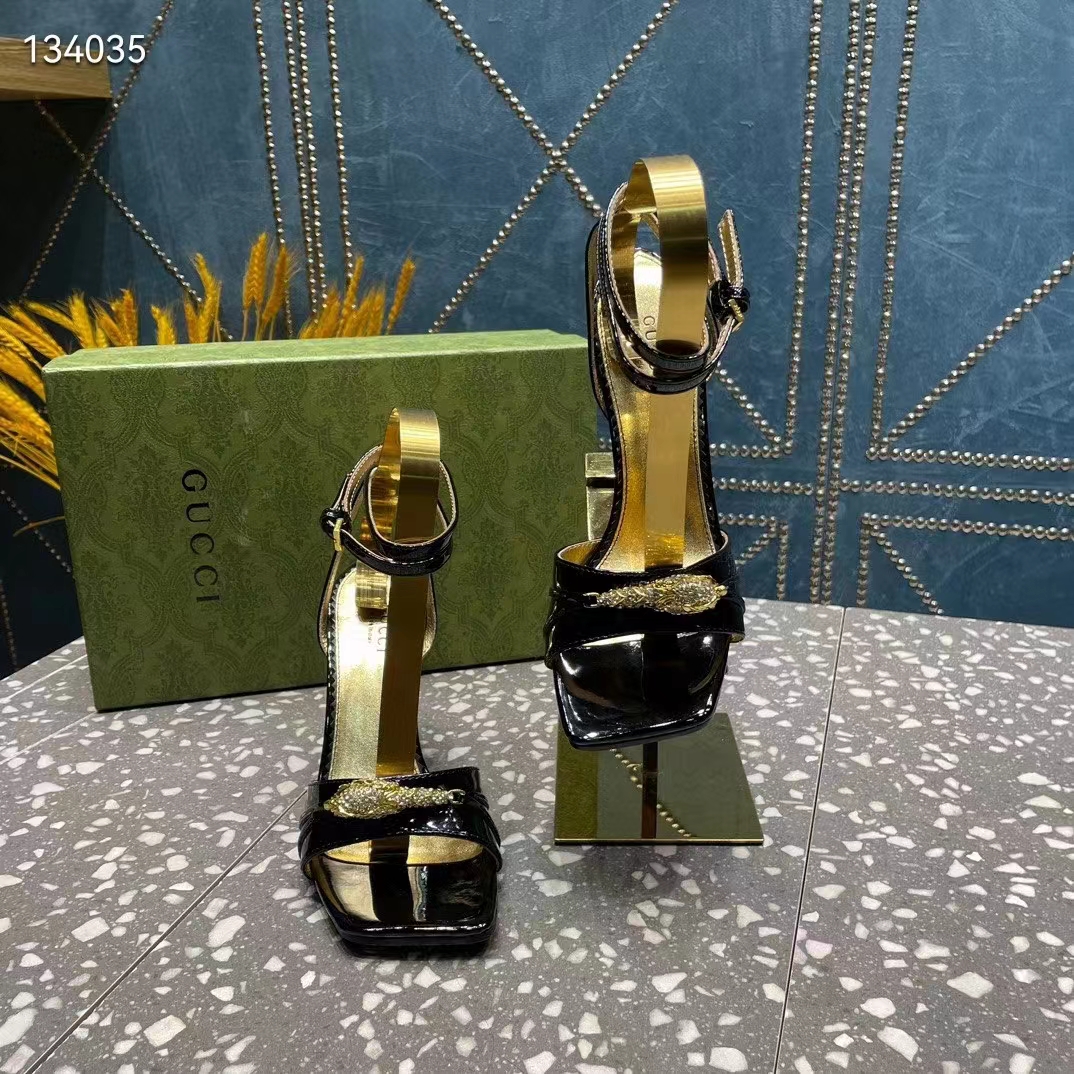 Gucci Women GG High-Heel Sandal Hardware Black Patent Leather Square Toe Geometric-Shaped Heel