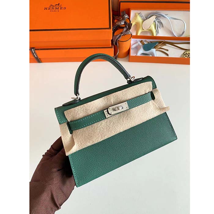 Hermes Women Mini Kelly 20 Bag Epsom Leather Silver Hardware-Green