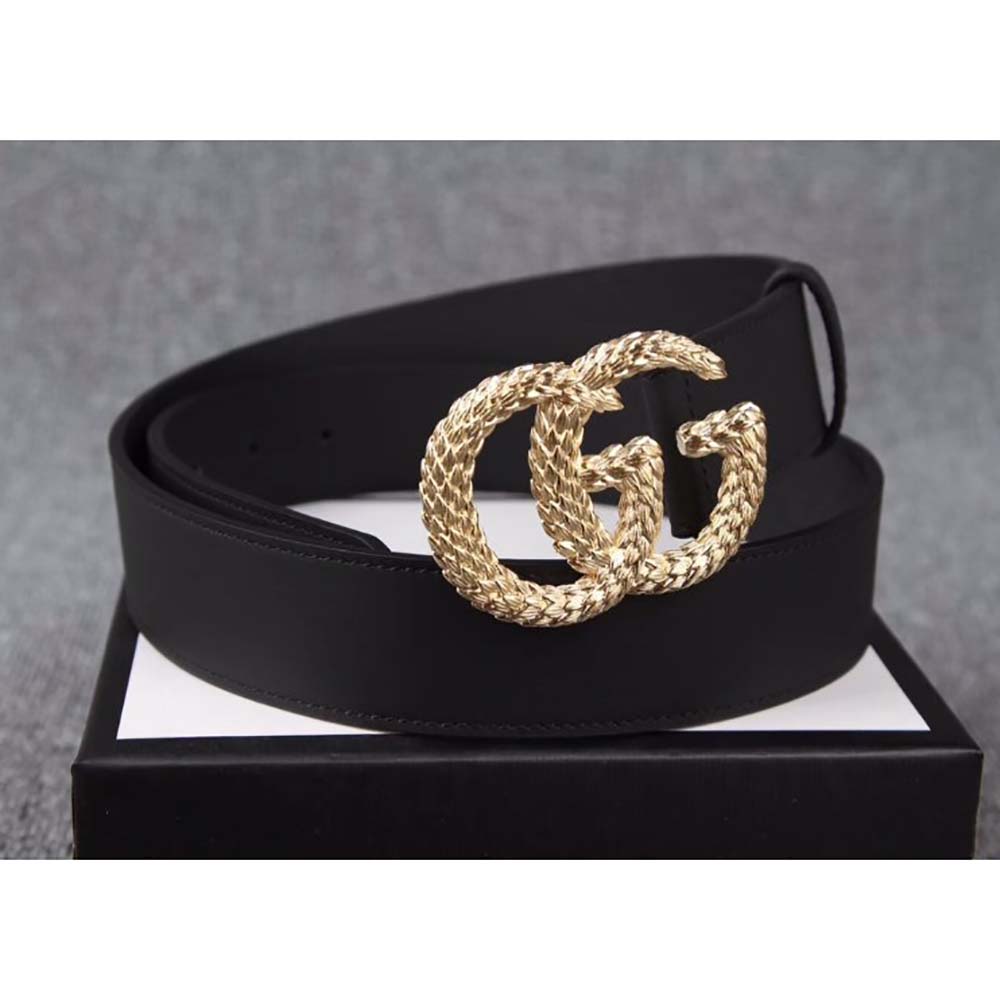 Gucci Unisex Gucci Belt with Textured Double G Buckle in Black Leather