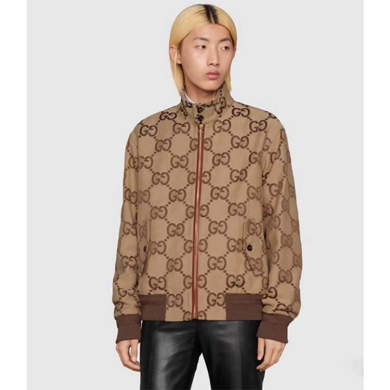 Gucci Men Jumbo GG Canvas Jacket Beige Ebony Jumbo Cotton Wool Leather