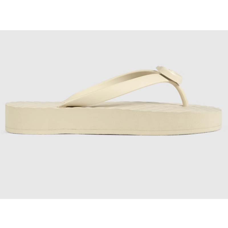 Gucci Women GG Chevron Thong Sandal White Rubber Resin Double G Flat