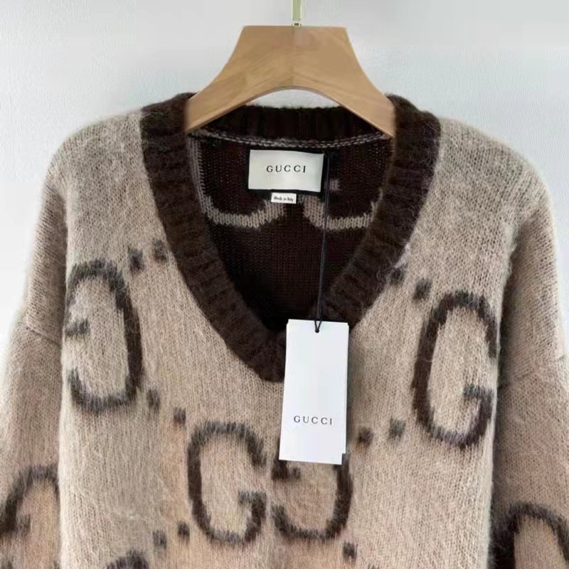Gucci Women GG Mohair Wool V-Neck Sweater Beige Brown