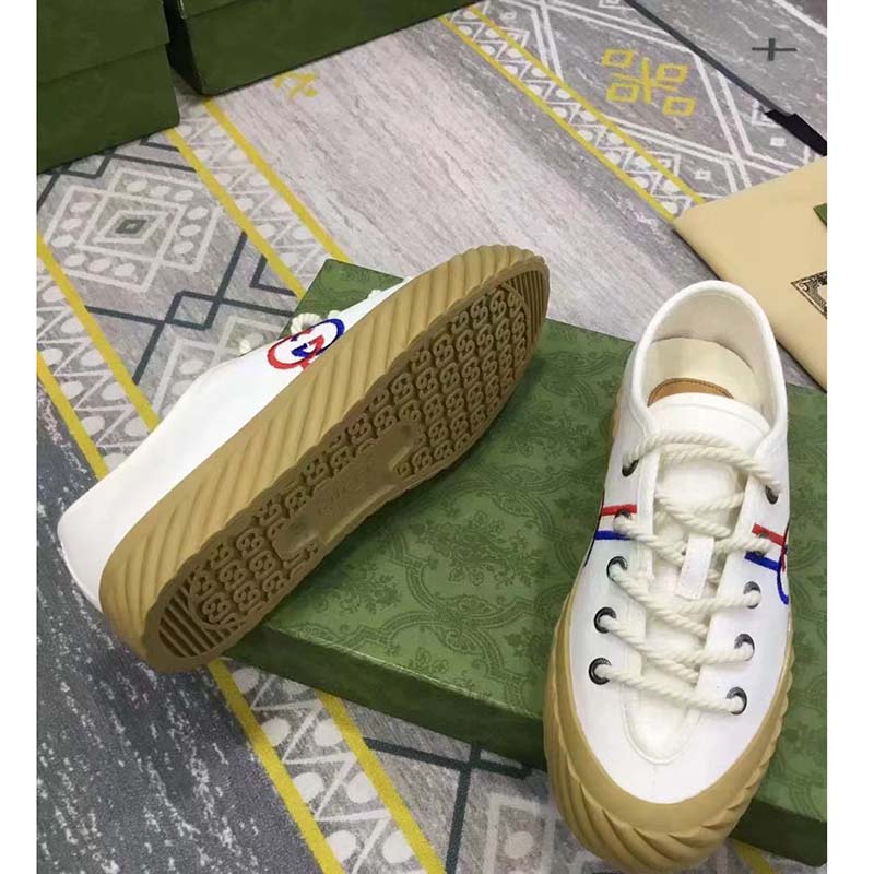 Gucci Unisex Interlocking G Sneaker Beige Cotton Rubber Sole Lace-Up Closure Flat