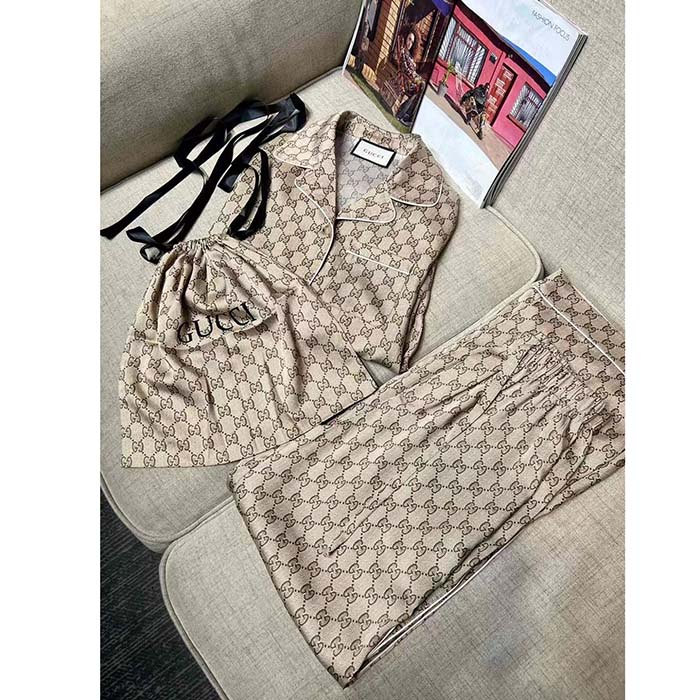 Gucci Women GG Supreme Silk Pant Beige Ebony Piped Unlined Elastic Waist Two Side Pockets Wide Leg