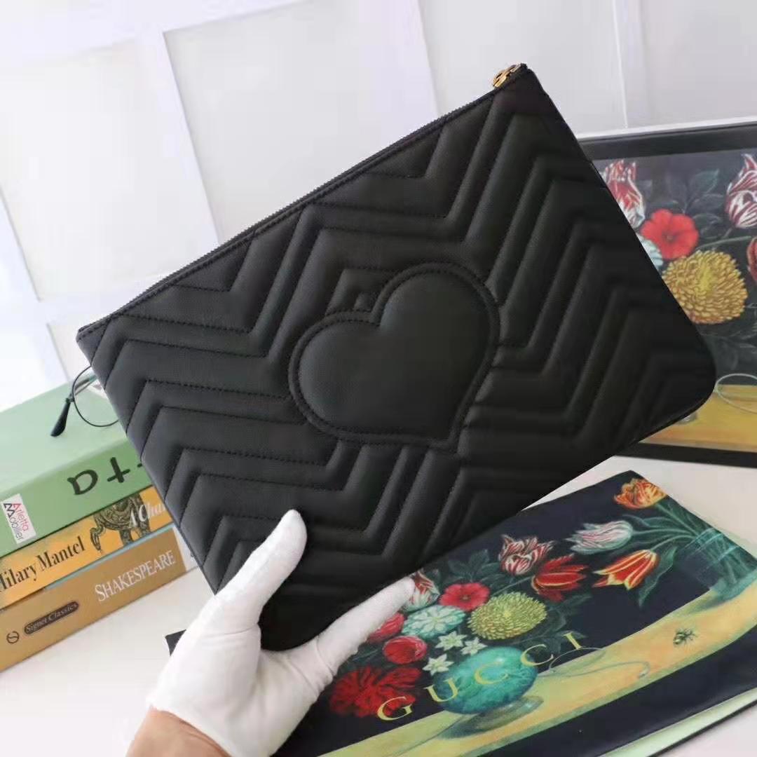 Gucci GG Women GG Marmont Leather Pouch in Black Matelassé Chevron Leather with Heart