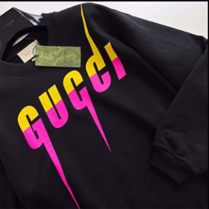 Gucci Men GG Cotton Jersey Printed Sweatshirt Black Felted Blade Print Crewneck Long Sleeves