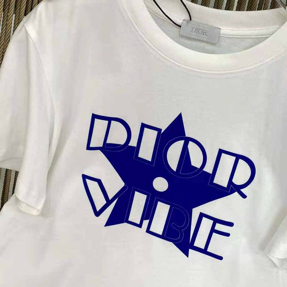 Dior Women Vibe T-shirt Ecru and Fluorescent Blue Cotton Jersey and Linen