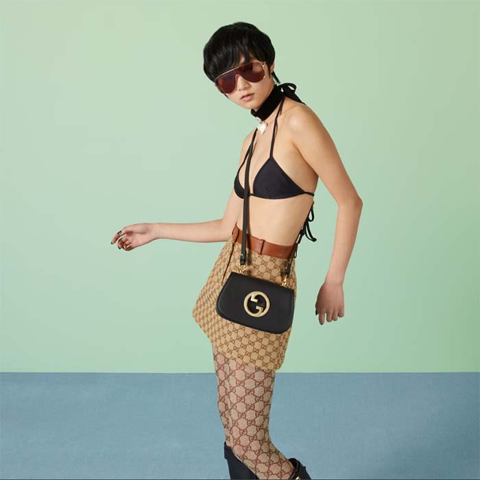 Gucci Women GG Blondie Mini Shoulder Bag Black Leather Round Interlocking G Chain