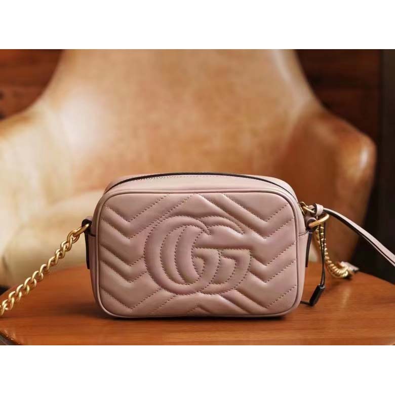 Gucci Women GG Marmont Matelassé Mini Bag Dusty Pink Matelassé Chevron Leather