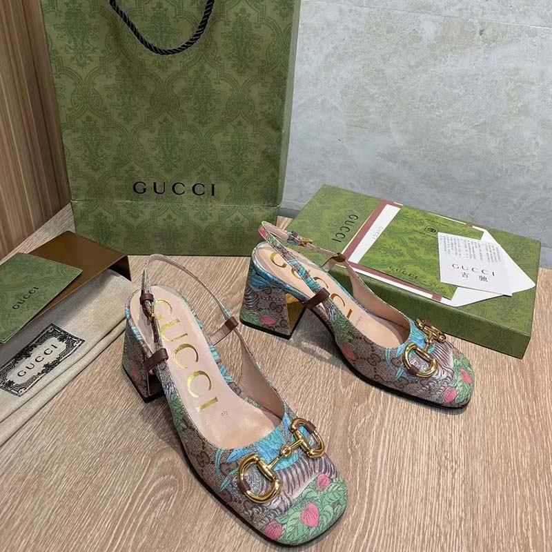 Gucci Women GG Tiger Mid-Heel Slingback Tiger Flower Beige Ebony Supreme Canvas