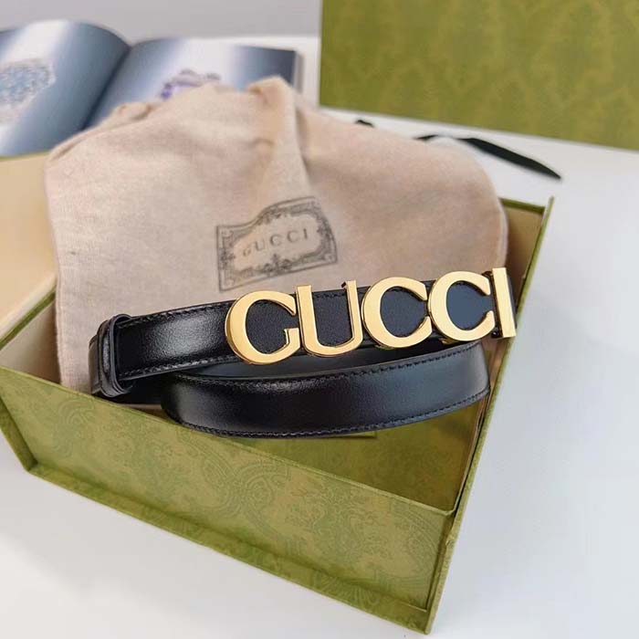 Gucci Unisex Buckle Thin Belt Black Leather Gold-Toned Hardware 1.5 CM Width
