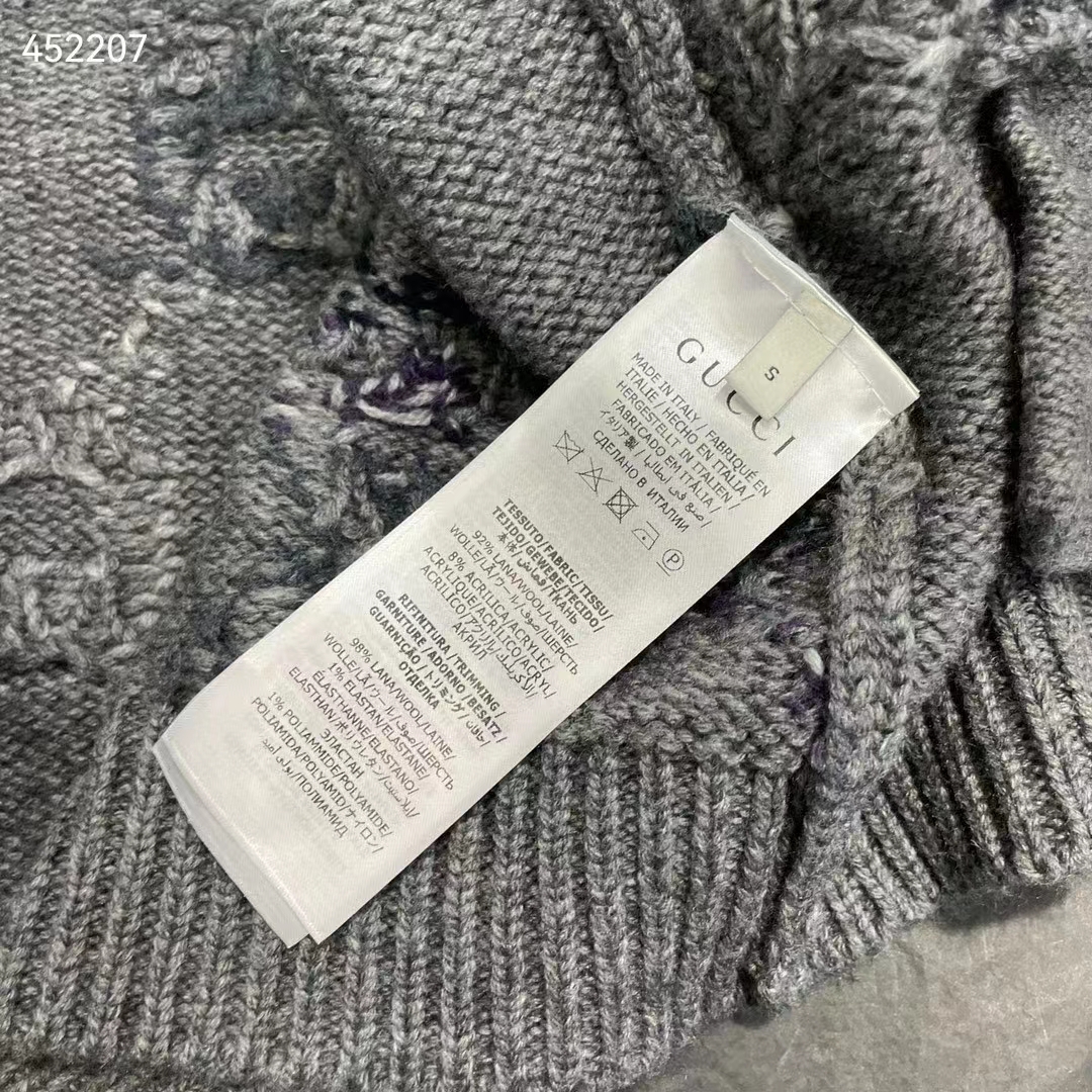 Gucci Women Wool Cardigan GG Intarsia Grey Allover V-Neck Dropped Shoulder Long Sleeves Style ‎770507 XKDSJ 1128