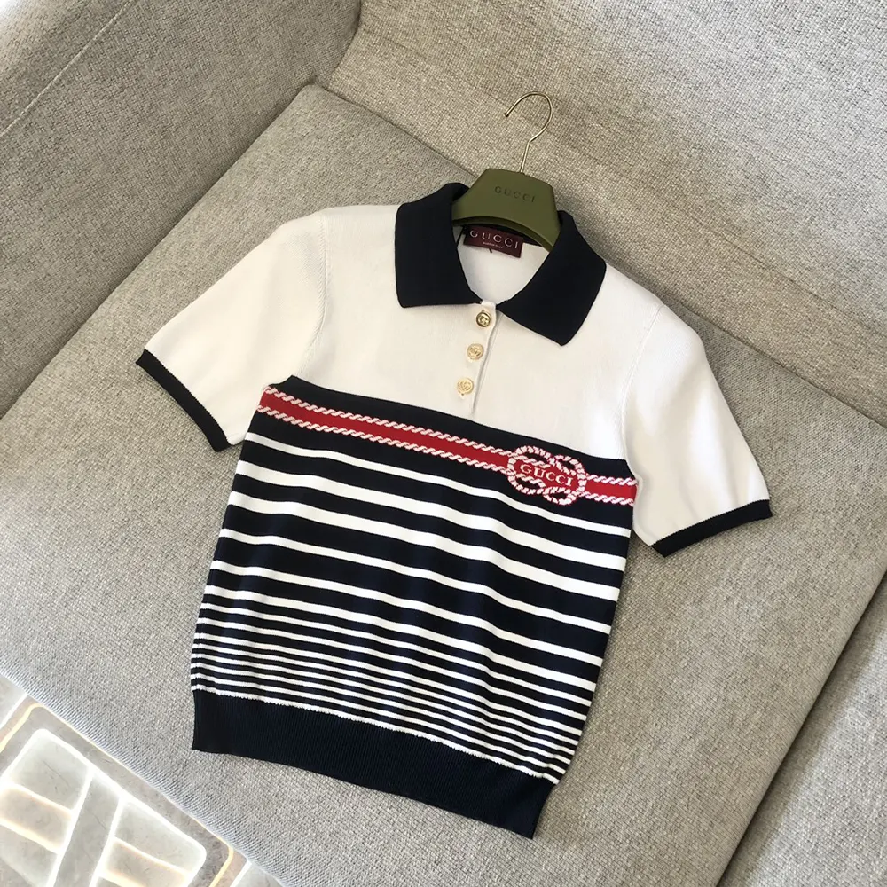Gucci Women Cotton Stitch Polo Top with Intarsia ‎835916XKEVH