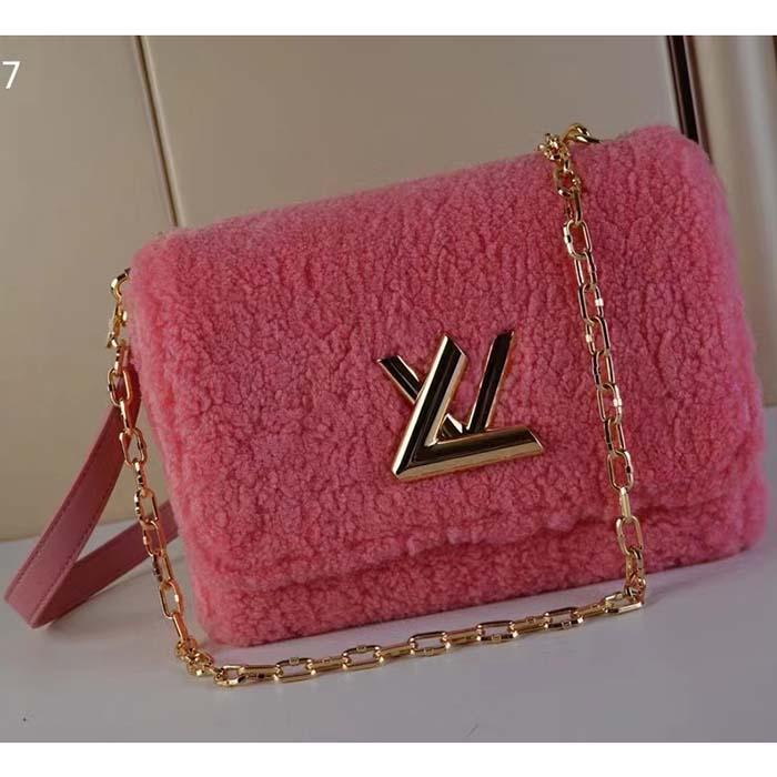 Louis Vuitton LV Women Twist MM Handbag Pink Shearling Smooth Calfskin Leather