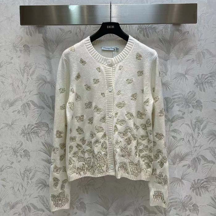 Dior Women CD Embroidered Cardigan Wool Cashmere Knit Gold-Tone White Gradient Butterflies Motif
