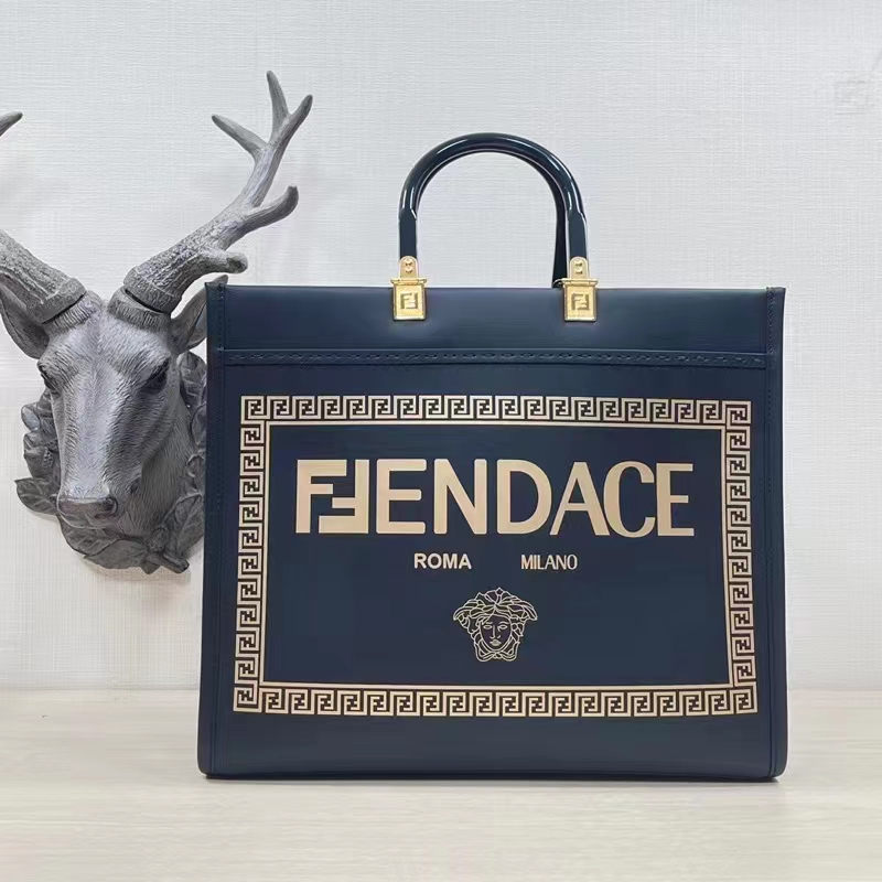 Fendi Women FF Sunshine Medium Fendace Printed Black Leather Logo Shopper