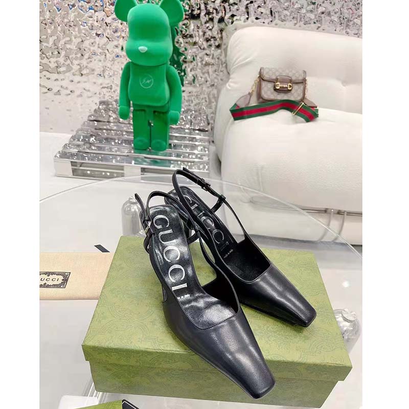 Gucci Women GG Slingback Pump Black Leather Back Ankle Buckle 8 cm Heel