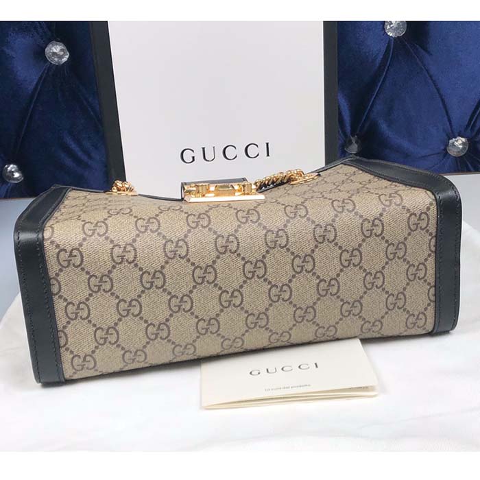 Gucci Women Padlock Small GG Shoulder Bag Beige Ebony GG Supreme Canvas Black Leather