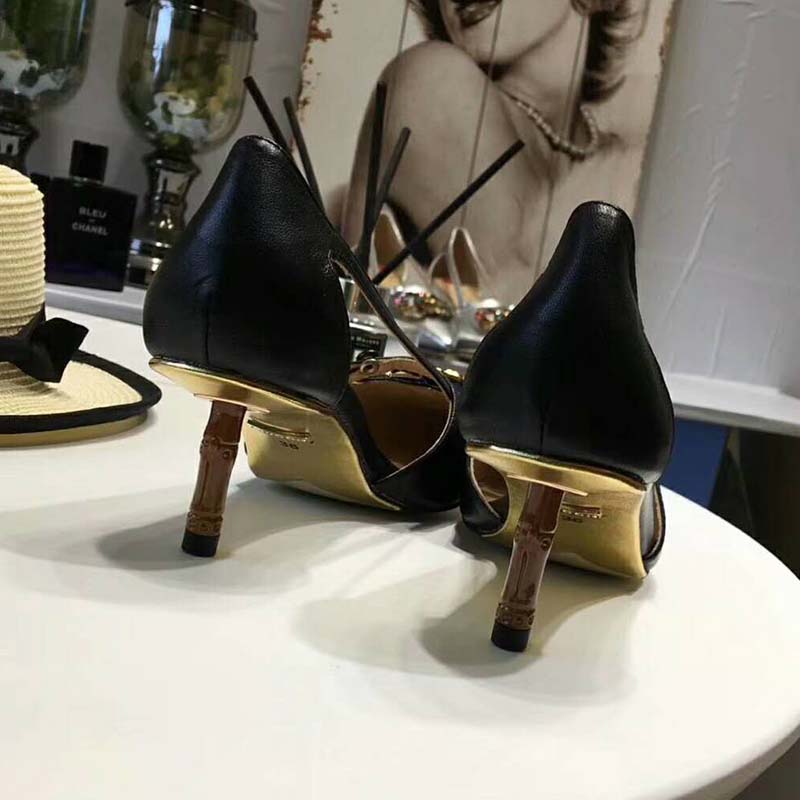 Gucci Women Shoes Metallic Leather Pump with Crystal Double G 50mm Heel-Black