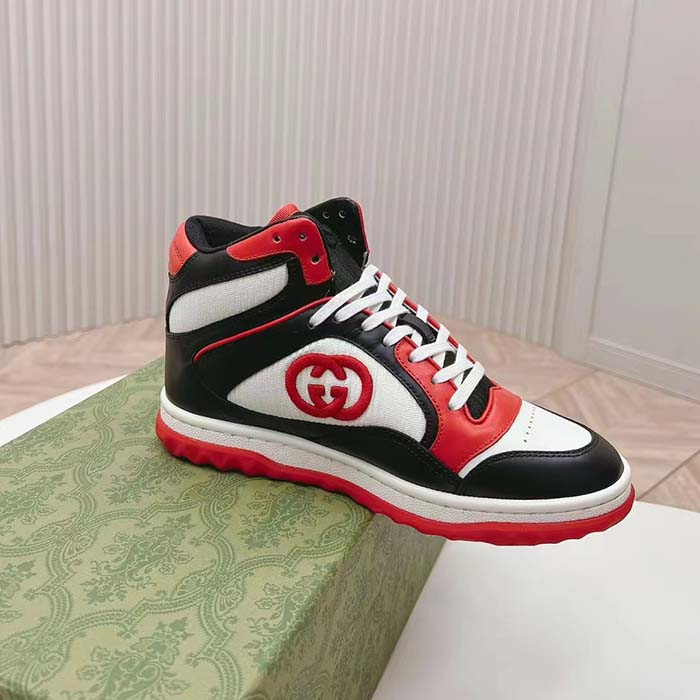 Gucci Unisex Mac80 High Top Sneaker Off Black Red Leather Round Toe Rubber Sole Flat
