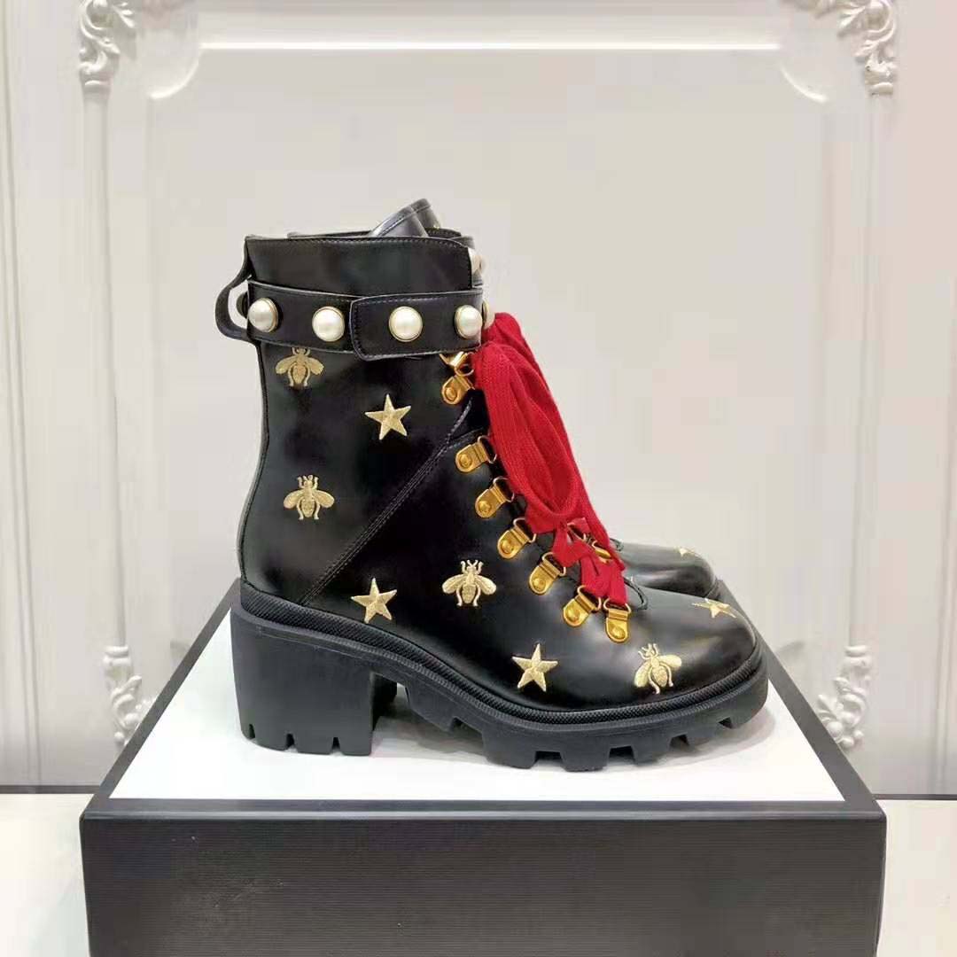 Gucci Women Gucci Leather Embroidered Ankle Boot in Black Leather 8.9 cm-Red