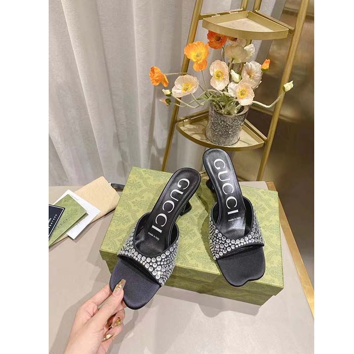Gucci Women GG Slide Sandal Crystals Black Silk Satin Mid 6 CM Heel