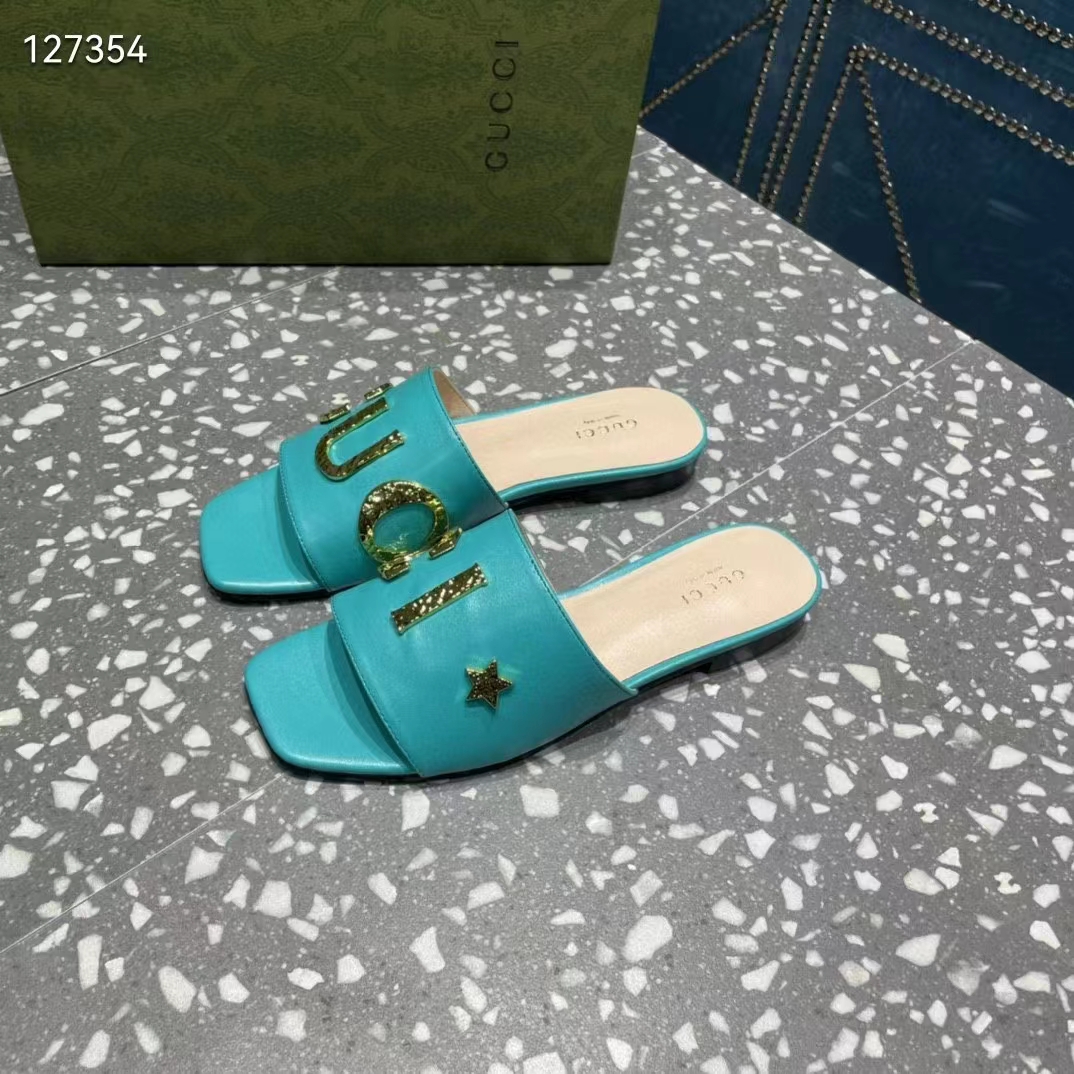 Gucci Women GG Slide Sandal Turquoise Leather Textured Logo Star Flat 1 Cm Heel