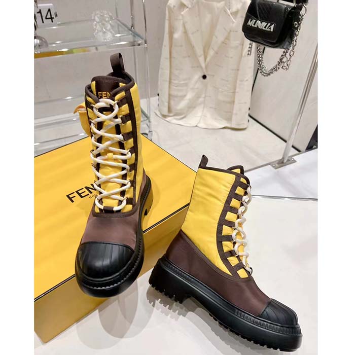 Fendi Women FF Domino Biker Boots Yellow Nylon Polyamide Polyester