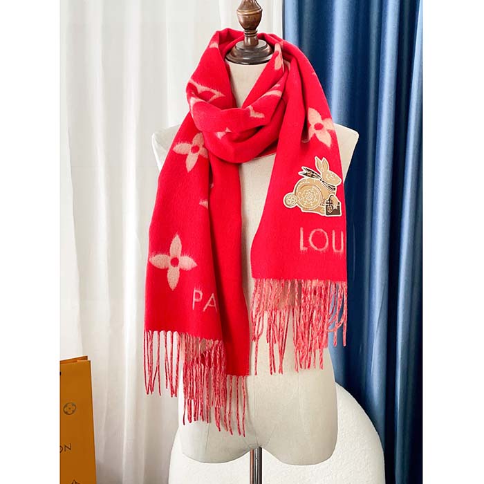 Louis Vuitton LV Women Precious Rabbit Essential Scarf Red Wool Jacquard Monogram