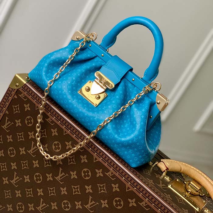 Louis Vuitton LV Women Monogram Clutch Blue Calfskin Leather S-Lock