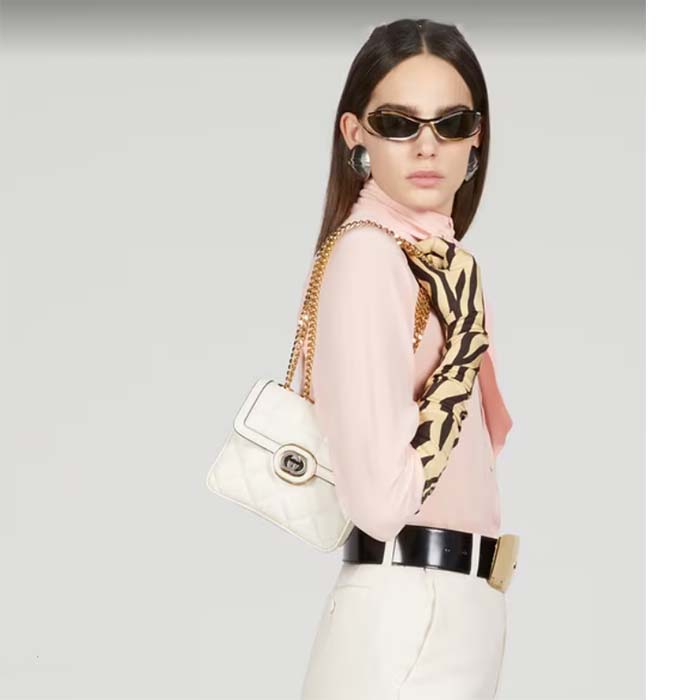Gucci Women GG Deco Mini Shoulder Bag White Quilted Leather Interlocking G