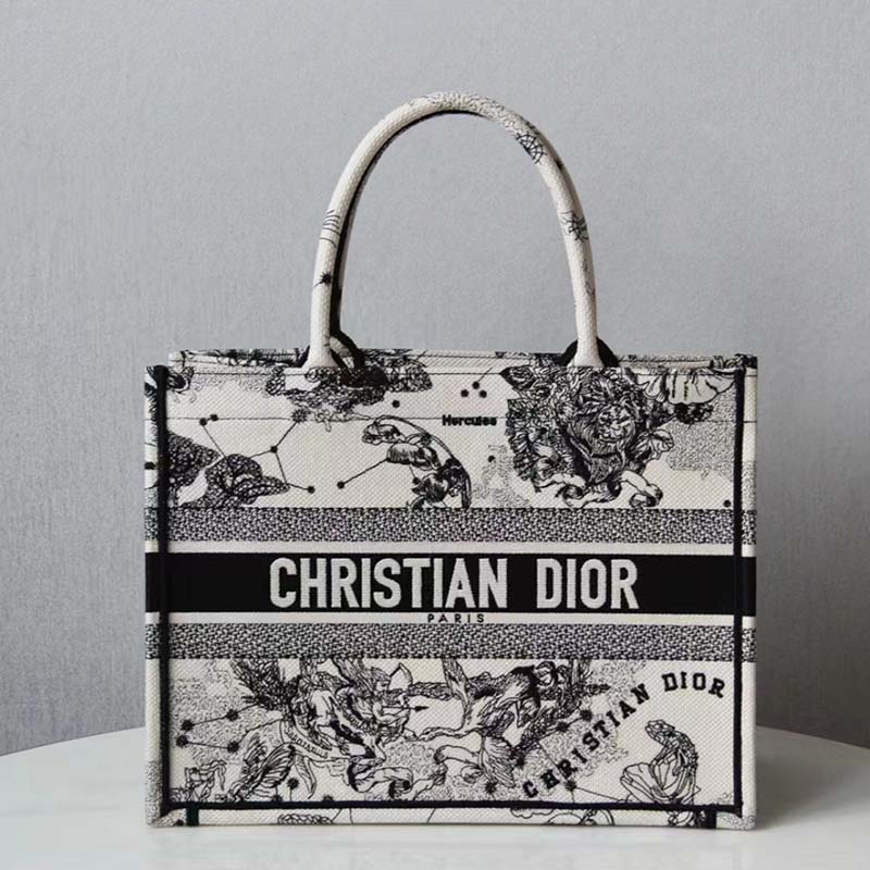 Dior Unisex CD Medium Dior Book Tote Beige Latte Dior Zodiac Embroidery